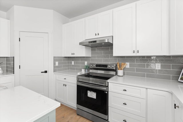 2077 W Walker Ave, Spokane, WA 99208 - kitchen with stainless steel range with electric cooktop, under cabinet range hood, light countertops, and white cabinetry