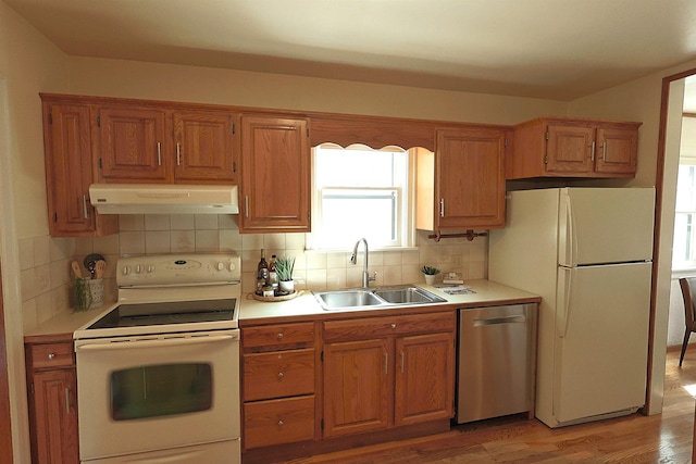 417 W 26th Ave, Spokane, WA 99203 - kitchen with white appliances, under cabinet range hood, a sink, light countertops, and backsplash