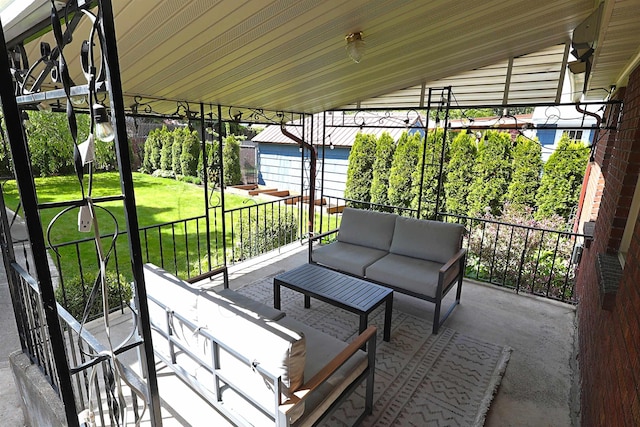 417 W 26th Ave, Spokane, WA 99203 - view of patio / terrace with an outdoor living space and an outbuilding