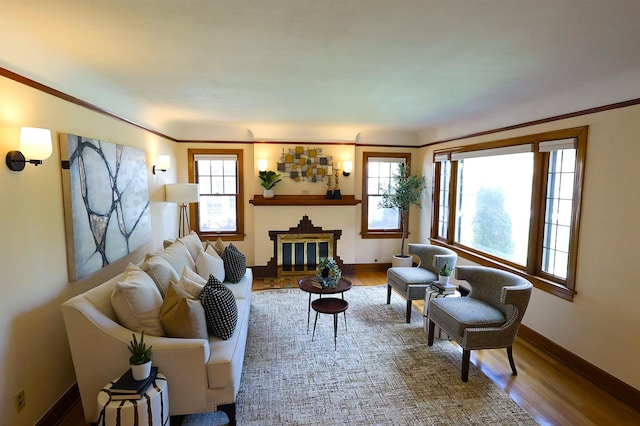 417 W 26th Ave, Spokane, WA 99203 - living area featuring wood finished floors, healthy amount of natural light, baseboards, ornamental molding, and a glass covered fireplace