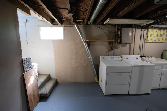 5512 N G St, Spokane, WA 99205 - basement featuring washing machine and clothes dryer, electric panel, a sink, and stairway