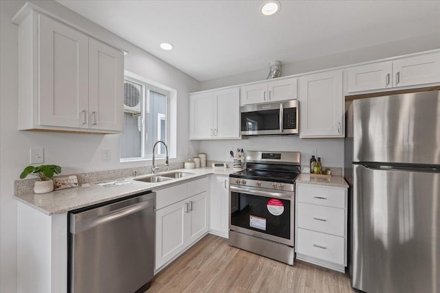 1912 W Buckeye Ave, Spokane, WA 99205 - kitchen featuring stainless steel appliances, a sink, white cabinets, light wood-style flooring, and recessed lighting