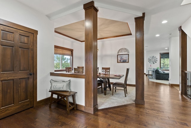 13408 E Copper River Ln, Spokane, WA 99206 - entrance foyer with decorative columns, dark wood-style floors, baseboards, and recessed lighting