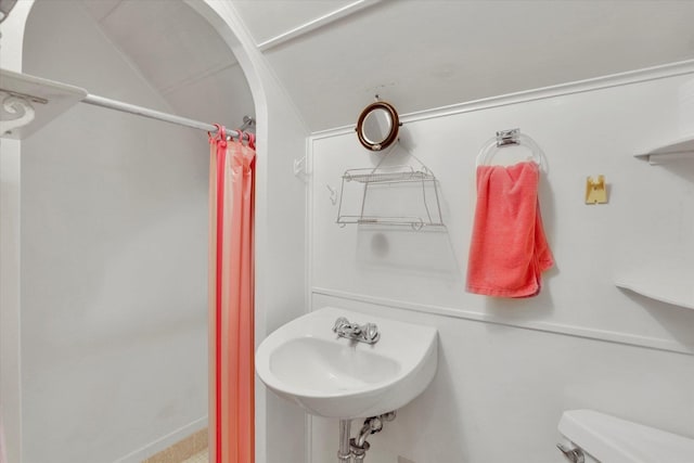 4134 Pebble Beach Rd, Loon Lake, WA 99148 - bathroom featuring a shower stall, toilet, a sink, and lofted ceiling