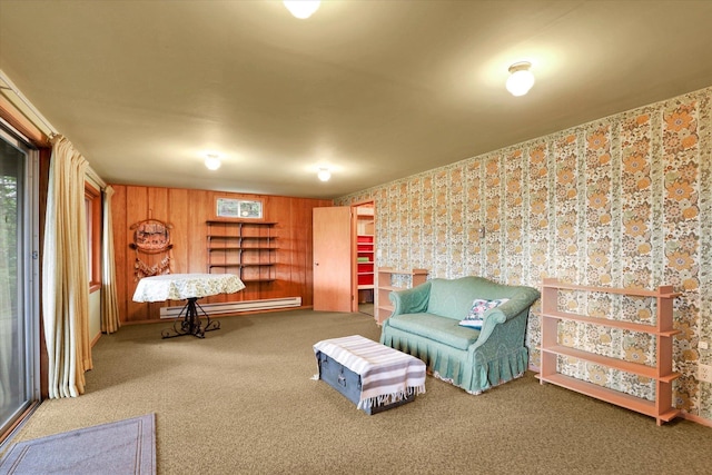 4134 Pebble Beach Rd, Loon Lake, WA 99148 - living area with carpet floors, a baseboard heating unit, and wallpapered walls