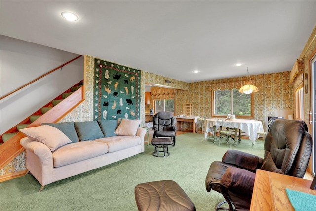 4134 Pebble Beach Rd, Loon Lake, WA 99148 - carpeted living area with stairway, wallpapered walls, and recessed lighting