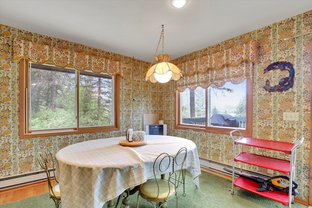 4134 Pebble Beach Rd, Loon Lake, WA 99148 - dining space featuring plenty of natural light, a baseboard radiator, wallpapered walls, and wood finished floors
