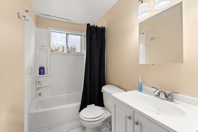 3712 E 12th Ave, Spokane, WA 99202 - full bathroom with toilet, vanity, shower / bathtub combination with curtain, and marble finish flooring