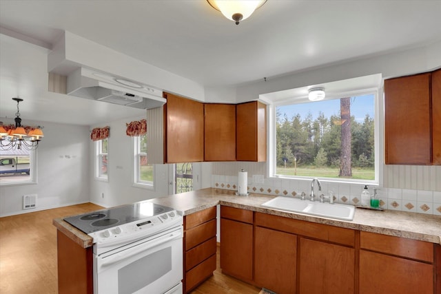 2111 W Mason Rd, Deer Park, WA 99006 - kitchen with white range with electric stovetop, a sink, a peninsula, and plenty of natural light