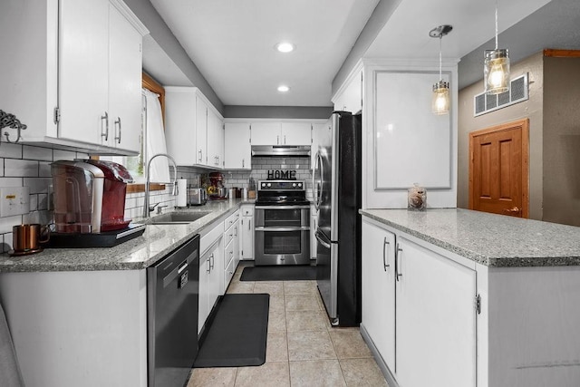 6721 N Washington St, Spokane, WA 99208 - kitchen with appliances with stainless steel finishes, under cabinet range hood, white cabinets, tasteful backsplash, and a peninsula
