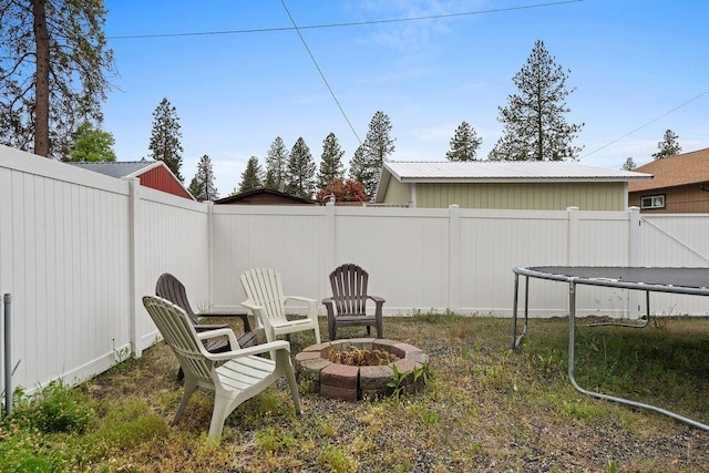 6721 N Washington St, Spokane, WA 99208 - fenced backyard featuring a trampoline and an outdoor fire pit