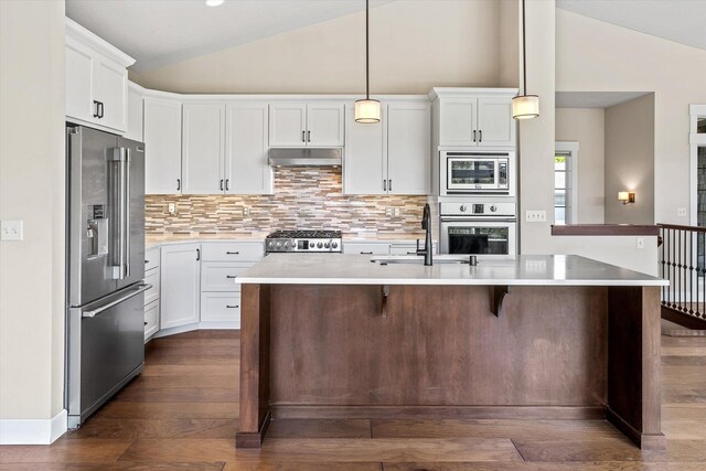 4305 S Bernson Ln, Spokane, WA 99223 - kitchen featuring appliances with stainless steel finishes, vaulted ceiling, under cabinet range hood, a sink, and tasteful backsplash