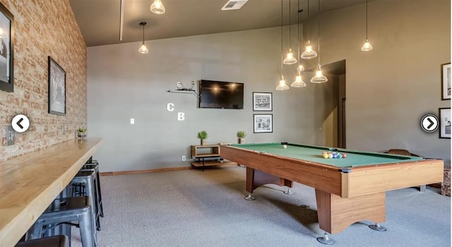1602 S Canyon Woods Ln, Spokane, WA 99224 - recreation room with carpet floors, billiards table, brick wall, and a high ceiling