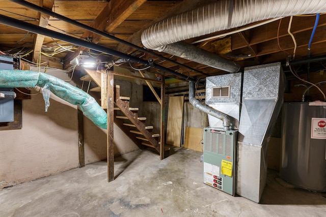 2305 W Sharp Ave, Spokane, WA 99201 - unfinished basement featuring water heater, stairs, and heating unit