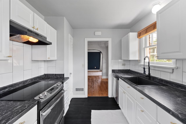 2417 W Euclid Ave, Spokane, WA 99205 - kitchen featuring appliances with stainless steel finishes, a sink, under cabinet range hood, dark countertops, and baseboards