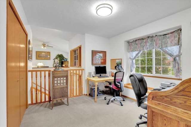 15711 N Unicorn Ct, Mead, WA 99021 - office area featuring carpet, a textured ceiling, vaulted ceiling, and ceiling fan