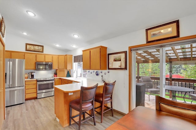 15711 N Unicorn Ct, Mead, WA 99021 - kitchen with stainless steel appliances, light wood-style flooring, a peninsula, lofted ceiling, and light countertops