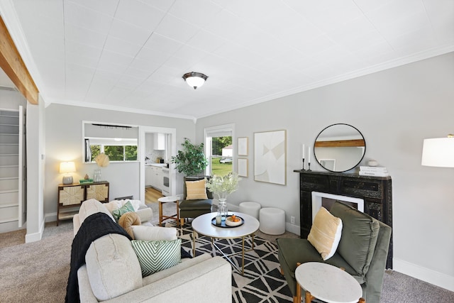 2526 E 8th Ave, Spokane, WA 99202 - carpeted living room featuring ornamental molding, baseboards, and a fireplace