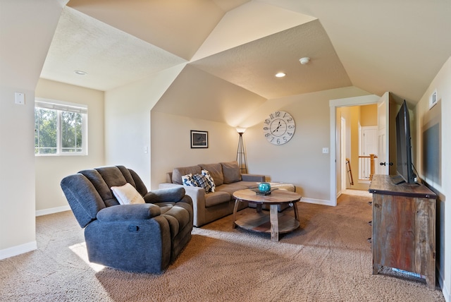 18218 E Michielli Ave, Spokane Valley, WA 99016 - living area featuring light carpet, lofted ceiling, and baseboards