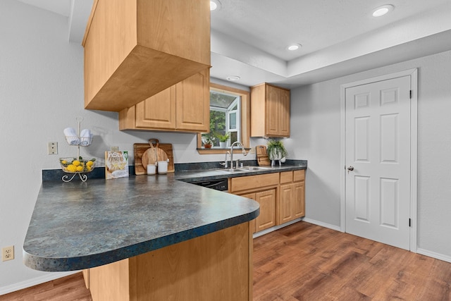 122 E Circle Dr, Newport, WA 99156 - kitchen featuring a sink, dark countertops, wood finished floors, baseboards, and light brown cabinets