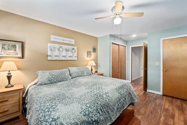 536 E 1st Ave, Colville, WA 99114 - bedroom with dark wood-style floors, baseboards, ceiling fan, and a closet