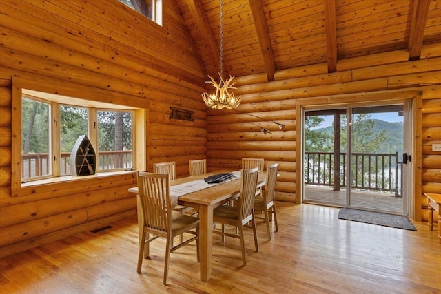 3947 N Deer Lake Rd, Loon Lake, WA 99148 - dining room with a chandelier, wooden ceiling with exposed beams, rustic walls, light wood-type flooring, and high vaulted ceiling