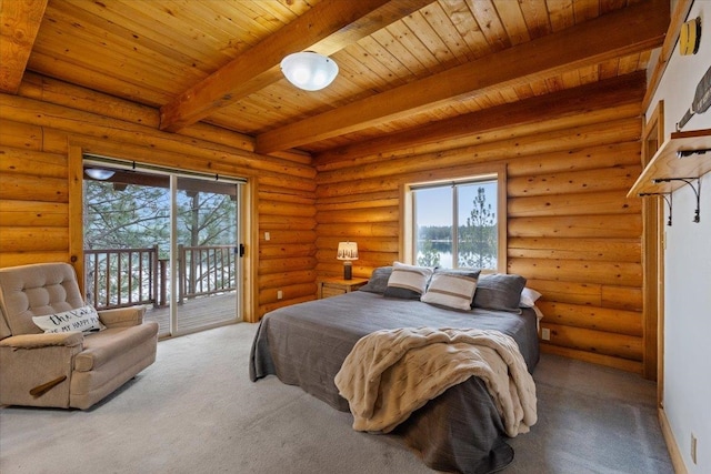 3947 N Deer Lake Rd, Loon Lake, WA 99148 - carpeted bedroom with wood ceiling with exposed beams, access to outside, and multiple windows