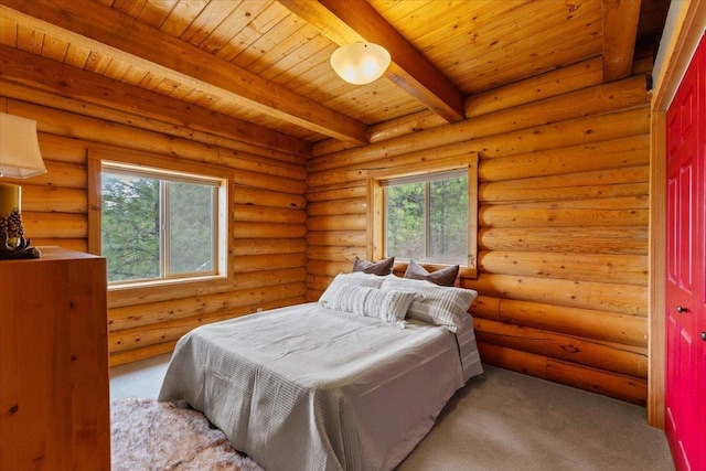 3947 N Deer Lake Rd, Loon Lake, WA 99148 - bedroom featuring wooden ceiling with exposed beams, multiple windows, light colored carpet, and log walls