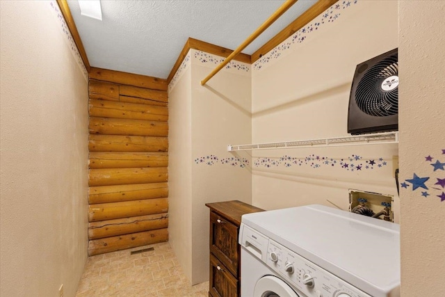 3947 N Deer Lake Rd, Loon Lake, WA 99148 - laundry area with washer / clothes dryer, rustic walls, cabinet space, and a textured ceiling