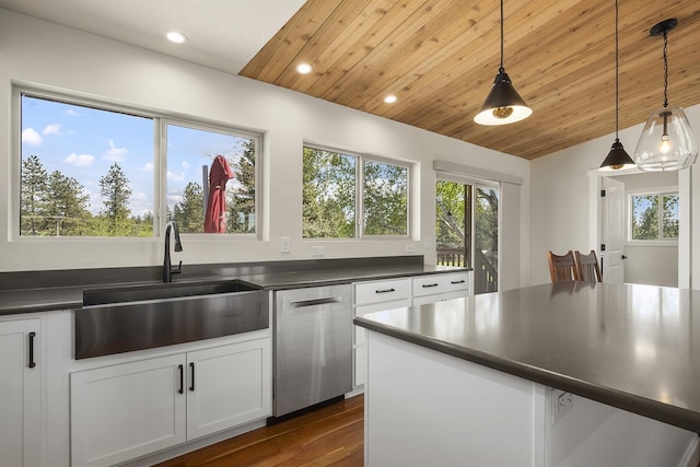 10409 E Palouse Hwy, Valleyford, WA 99036 - kitchen with stainless steel dishwasher, a sink, dark countertops, white cabinetry, and healthy amount of natural light