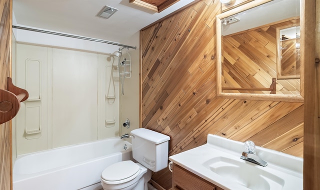 13110 W Charles Rd, Nine Mile Falls, WA 99026 - full bathroom with toilet, vanity, wood walls, and shower / bath combination