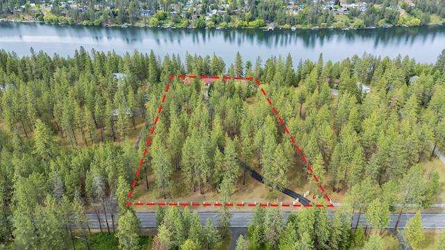 13110 W Charles Rd, Nine Mile Falls, WA 99026 - aerial view of property's location with property parcel outlined, a nearby body of water, and a forest