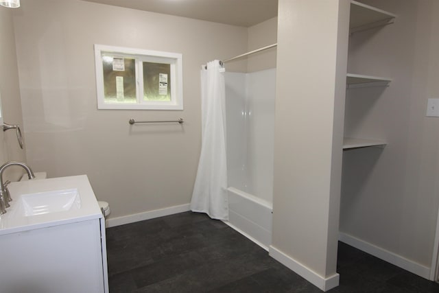 117 5th Ave, Cusick, WA 99119 - full bathroom with vanity, baseboards, shower / bath combination with curtain, and toilet