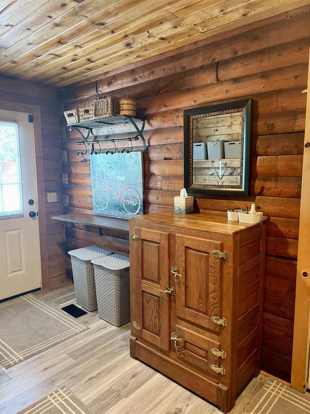 812 Levitch Rd, Newport, WA 99156 - mudroom with rustic walls, light wood-type flooring, and wood ceiling