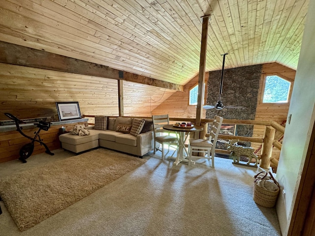 812 Levitch Rd, Newport, WA 99156 - living room featuring wooden walls, carpet, lofted ceiling, wood ceiling, and a ceiling fan