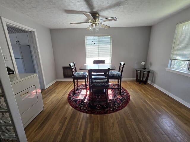 405 S Coeur Dalene St Unit 11, Spokane, WA 99201 - dining space featuring washer / dryer, wood finished floors, ceiling fan, baseboards, and a textured ceiling