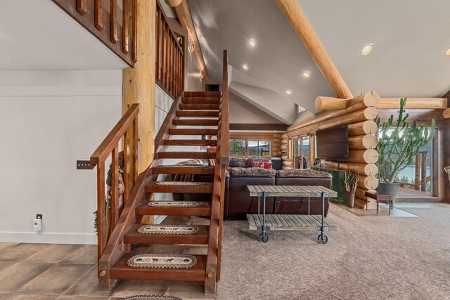 33905 Winterwood Ln Unit E, Davenport, WA 99122 - staircase featuring log walls, recessed lighting, beamed ceiling, baseboards, and high vaulted ceiling