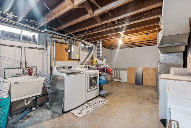 3006 W Francis Ave, Spokane, WA 99205 - basement featuring washing machine and dryer, a sink, and electric panel