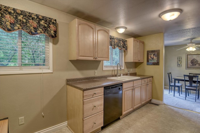 1829 S Glenrose Rd, Spokane, WA 99223 - kitchen with dishwasher, light brown cabinets, a sink, a ceiling fan, and dark countertops