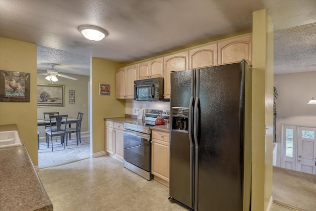 1829 S Glenrose Rd, Spokane, WA 99223 - kitchen featuring black appliances, a textured ceiling, light brown cabinets, and ceiling fan