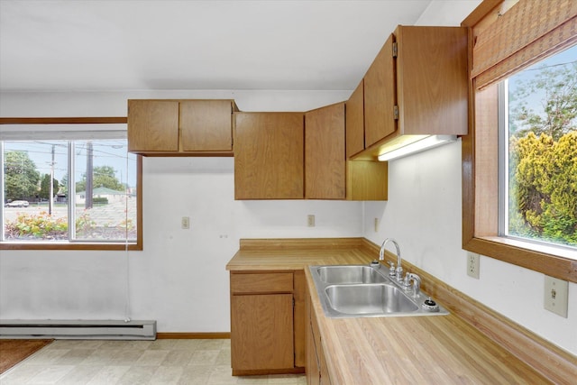 603 E Providence Ave, Spokane, WA 99207 - kitchen with baseboard heating, a sink, healthy amount of natural light, and brown cabinetry