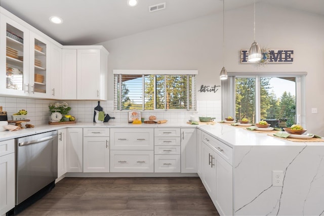 5475 Peggy Way, Deer Park, WA 99006 - kitchen featuring stainless steel dishwasher, lofted ceiling, glass insert cabinets, plenty of natural light, and white cabinets