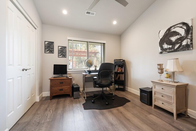 5475 Peggy Way, Deer Park, WA 99006 - office featuring wood finished floors, baseboards, recessed lighting, and ceiling fan