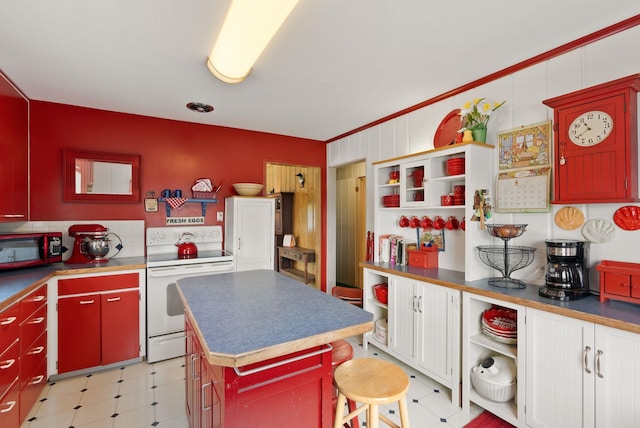 46273 Larson Beach Rd, Loon Lake, WA 99148 - kitchen featuring white range with electric stovetop, open shelves, light flooring, and a kitchen island