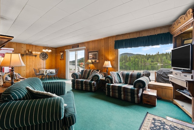 46273 Larson Beach Rd, Loon Lake, WA 99148 - carpeted living room featuring wood walls