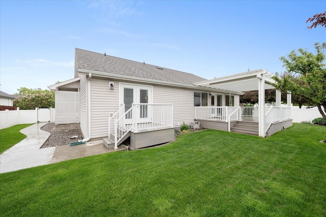 858 S Shelley Lake Ln, Spokane Valley, WA 99037 - rear view of house with a wooden deck, a pergola, a shingled roof, and french doors