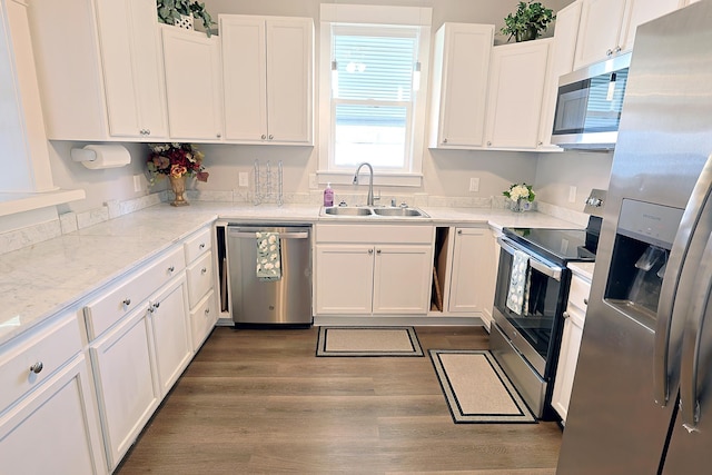 1327 N Howard St, Spokane, WA 99201 - kitchen with stainless steel appliances, a sink, white cabinets, and dark wood-type flooring