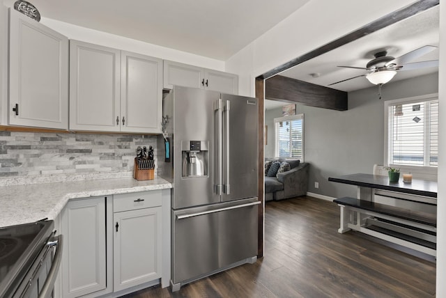 2924 N Smith St, Spokane, WA 99207 - kitchen with high end fridge, decorative backsplash, dark wood-style flooring, a ceiling fan, and range with electric stovetop