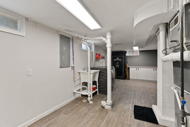 2924 N Smith St, Spokane, WA 99207 - below grade area with electric panel, light wood-style flooring, and baseboards