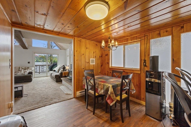 12931 N N Park St, Newman Lake, WA 99006 - dining space with wooden ceiling, a chandelier, dark wood-style floors, wood walls, and a baseboard radiator